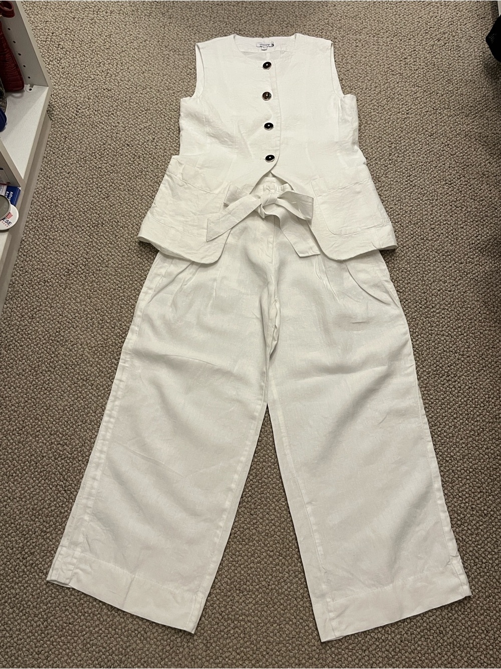 Chico’s Matching Set: White Linen Vest and Wide-Leg Pants with Tie Waist